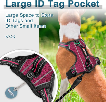 BARKBAY Dog Harness No Pull with ID Tag Pocket - Heavy Duty, Reflective, Easy Control for Large Dogs(Pink/Black,M)