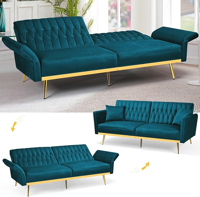 70” Velvet Futon Sofa Bed w/Adjustable Armrests and Backrest, Convertible Futon Couch w/2 Pillows, Modern Sleeper Bed for Living Room, Bedroom, Teal