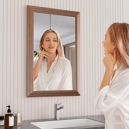 Amorho Bathroom Mirror, 20X30 Inch Wall Mirror, Walnut Wood Grain Metal Framed