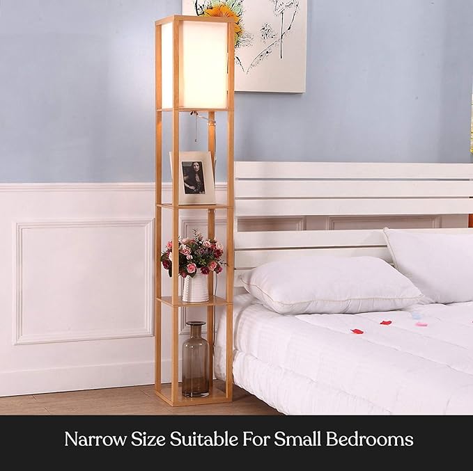 Brightech Maxwell - Modern Shelf Floor Lamp with Lamp Shade and LED Bulb - Corner Display Floor Lamps with Shelves for Living Room, Bedroom and Office - Natural Wood