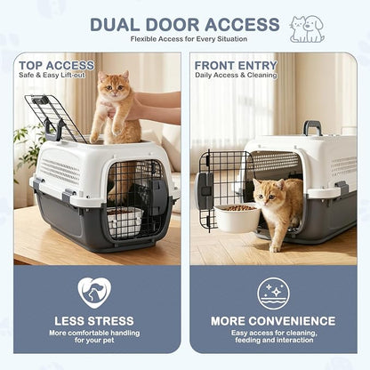 19.5" Hard-Sided Pet Carrier for Small Dogs & Cats, Plastic Cat Carriers | Front & Top Door Access, Ventilation Design, Feeding Bowl Included, for Camping & Trips, for Small Pets up to 20 lbs, Gray