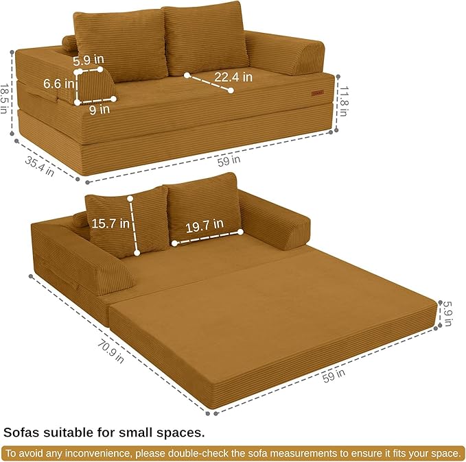 COMAX Convertible Sofa Bed, Folding Floor Couch Corduroy Fold Out Couch Bed Futon Sleeper Mattress with Pillows, Boneless Sofa Comfy Lounge Loveseat for Living Room Bedroom, Yellow