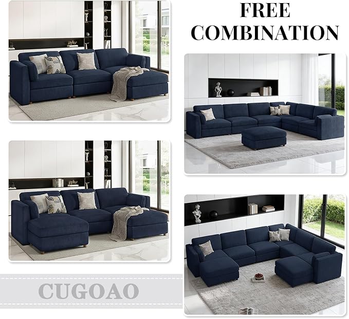 CUGOAO 117.7'' Modular Sectional Sofa, Oversized L-Shaped Sectional Couch with Ottoman, Deep Seat Chenille Cloud Couch, Mordern Upholstered Couches for Living Room, Apartment, Office, Blue
