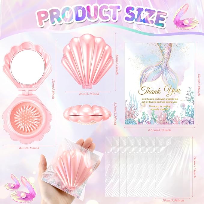 LemonRoad 24 Sets Mermaid Party Favors Shell Hair Brush with Mirror Card, Foldable Mini Travel Compact Hair Brush for Women Birthday, Bachelorette, Under The Sea, Beach Party Gifts(Pink Purple Teal)