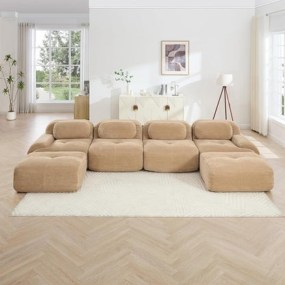 152" Modern Corduroy Cloud Sofa with Ottoman, U Shaped Boneless Modular Large Sectional Couches for Living Room, Camel 4 Seater Compressed Memory Foam Couch, Extra Deep Seat, No Assembly