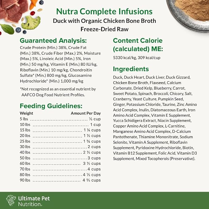 ULTIMATE PET NUTRITION Nutra Complete Bone Broth Infusions, 100% Freeze Dried Raw Veterinarian Formulated Dog Food with Antioxidants Prebiotics and Amino Acids (1 Pound, Bone Broth Duck)