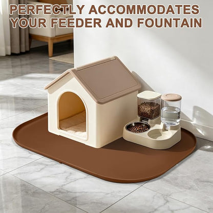 SMILOOL Waterproof Silicone Pet Food Mat with Raised Edge for Dog & Cat | 36" x 24" Non-Slip Large Pet Feeding Mats with Lip for Food & Water Bowl, Food Grade, Easy Cleaning, Brown