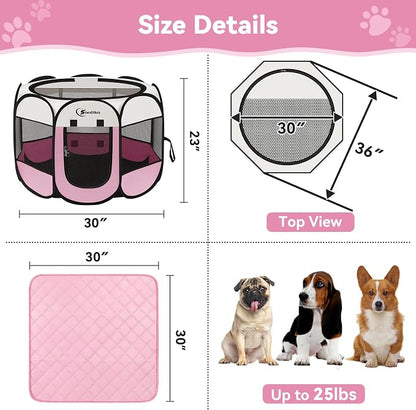 Siedihit Dog Cat Pet Playpen Tent Crate Cage with Washable Pad, Medium Pink | Breathable double-layer mesh Wide applicability Recovery After Surgery Portable Easy to Set up lightweight Recovering Pets
