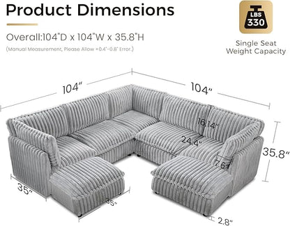 KKL Modular Sectional Couch for Living Room, V Shaped Corduroy Couches with 2 Ottomans, 7 Seater Oversized Sofa, Soft Fabric Modern Sofa, Grey
