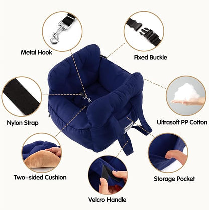 Dog Car Seat for Small Dogs, Portable Puppy Car Seat of Easy Installation, Fashionable Pet Carrier Bag with Large Pockets, Machine Washable Dog Booster Seat (Navy)