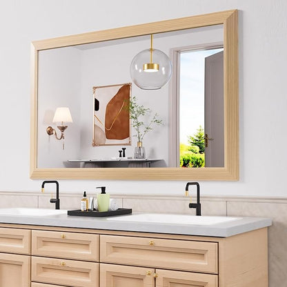 Amorho Bathroom Mirror for Wall, 48X30 Inch Oak Wood Grain Metal Framed Mirror
