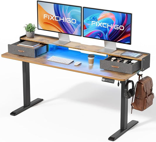 Electric Standing Desk with Drawers, 63 Inch Height Adjustable Desk with Power
