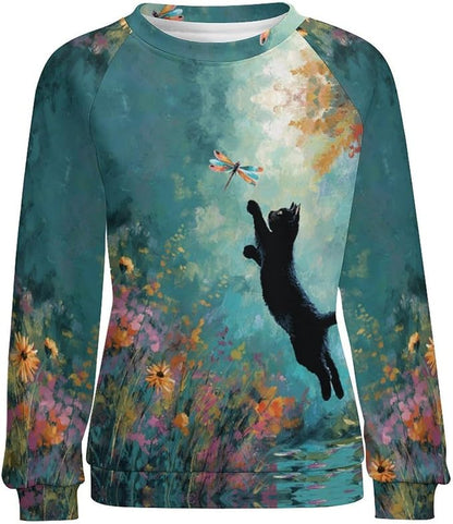 Abstract Cute Cat Shirts for Women Long Sleeve Lady Crewneck Pullover Sweatshirt Fall Winter Oversized Tops