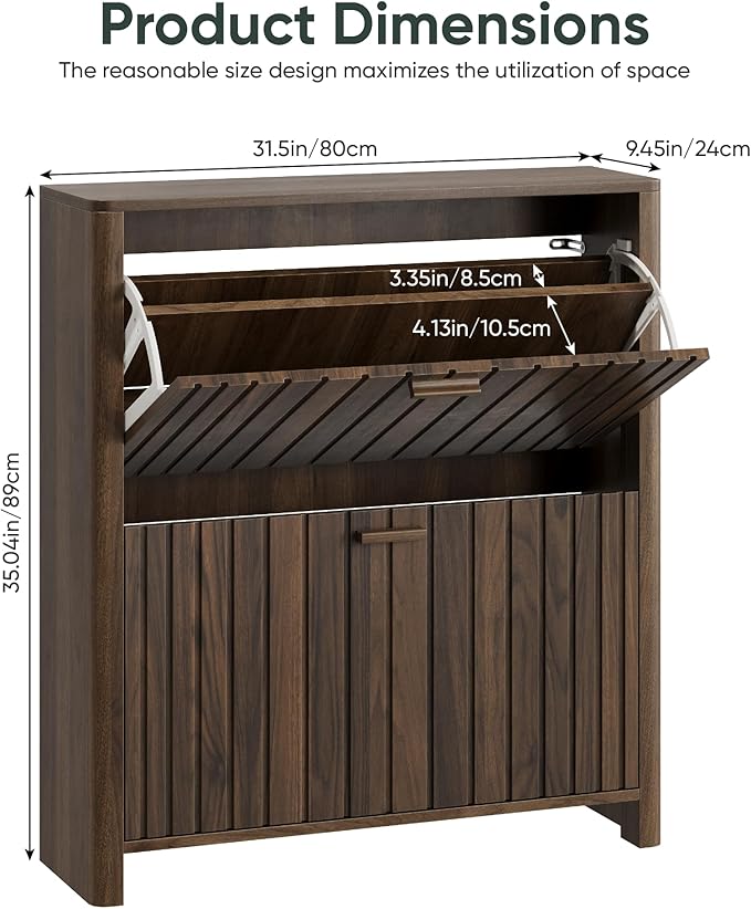 Shoe Cabinet with 2 Flip Drawers, 31.5 Inch Narrow Fluted Shoe Organizer with