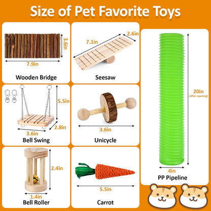 VESPRO Hamster Toys Set, Guinea Pig Toys Small Animal Chewing Toy and Rat Cage Accessories, Chinchillas, Gerbils, Rats, Rabbit Rodents Teeth Care, Apple Wood Timothy Hay Mouse Toy Swing Seesaw Bridge