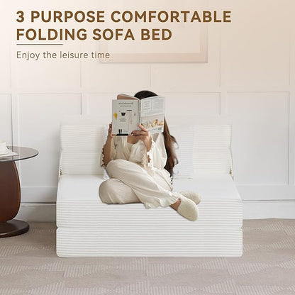 Folding Sofa Bed Convertible Floor Couch Foldable Chair Bed with Pillow，Linen Sleeper Chair Futon,Foldable Memory Foam Mattress for Bedroom/Living Room/Dorm/Office (Corduroy White, Standard)