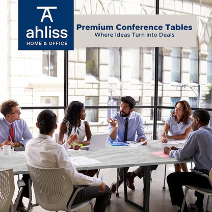 ahliss Sturdy Conference Table with Cable Management Grommets Modern Rectangle Office Meeting Table with Wood Tabletop and Metal Frame & Legs- Easy Assembly Boardroom Table (White Marble, 12 Foot)