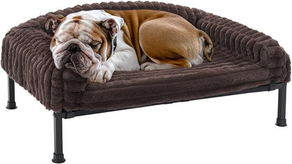 Veehoo Elevated Dog Bed with Bolster Cushion, Fluffy Plush Dog Couch Beds for Small Dogs, Cats, Washable Raised Pet Cot with Non-Slip Feet for Indoor or Patios Use, 36 x 28 Inches, Brown