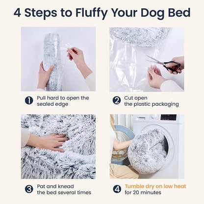 JOLLYVOGUE Calming Dog Beds Extra Large Sized Dog, 45in Donut Washable Large Pet Bed, Anti-Slip & Anti-Anxiety Fluffy Faux Fur Round Dogs Bed, Fits up to 125 lbs Pets (Smoke Grey)