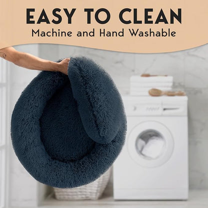PetJett Dog Beds Large Sized Dog - 36'' Calming Round Bed, Washable Dog Bed - Anti-Slip Super Soft Donut Bed, Fluffy Faux Fur Anti-Anxiety Premium Comfort Pet Bed, Fits Dogs up to 80 lbs - Dark Grey