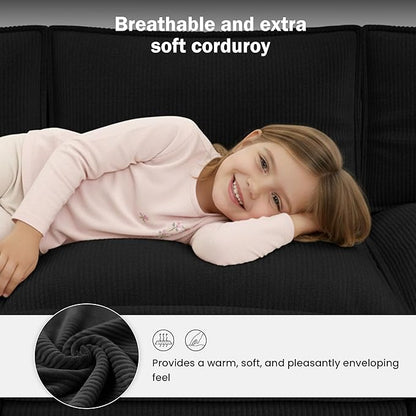 Apicizon 108" Cloud Couch Sectional, L Shaped Cloud Sofa with Side Storage Pocket, Modern Corduroy Sofa Set for Living Room, Office, Black