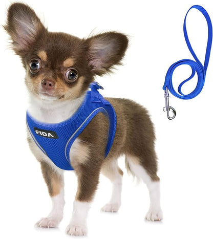 Fida Comfy Dog Harness with Leash, Soft Puppy Vest Escape Proof, Breathable Lightweight Soft Mesh, Adjustable Reflective Step-in Harness for Cat & Extra-Small Pet (XS, Blue)
