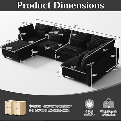 130" W x 67" D U Shape Sectional Sofa with USB Charging & Cup Holder & Storage, 6 Seater Plush Corduroy Couches with Movable Ottoman, Cloud Couch Sofas for Living Room, DIY Combination - Black