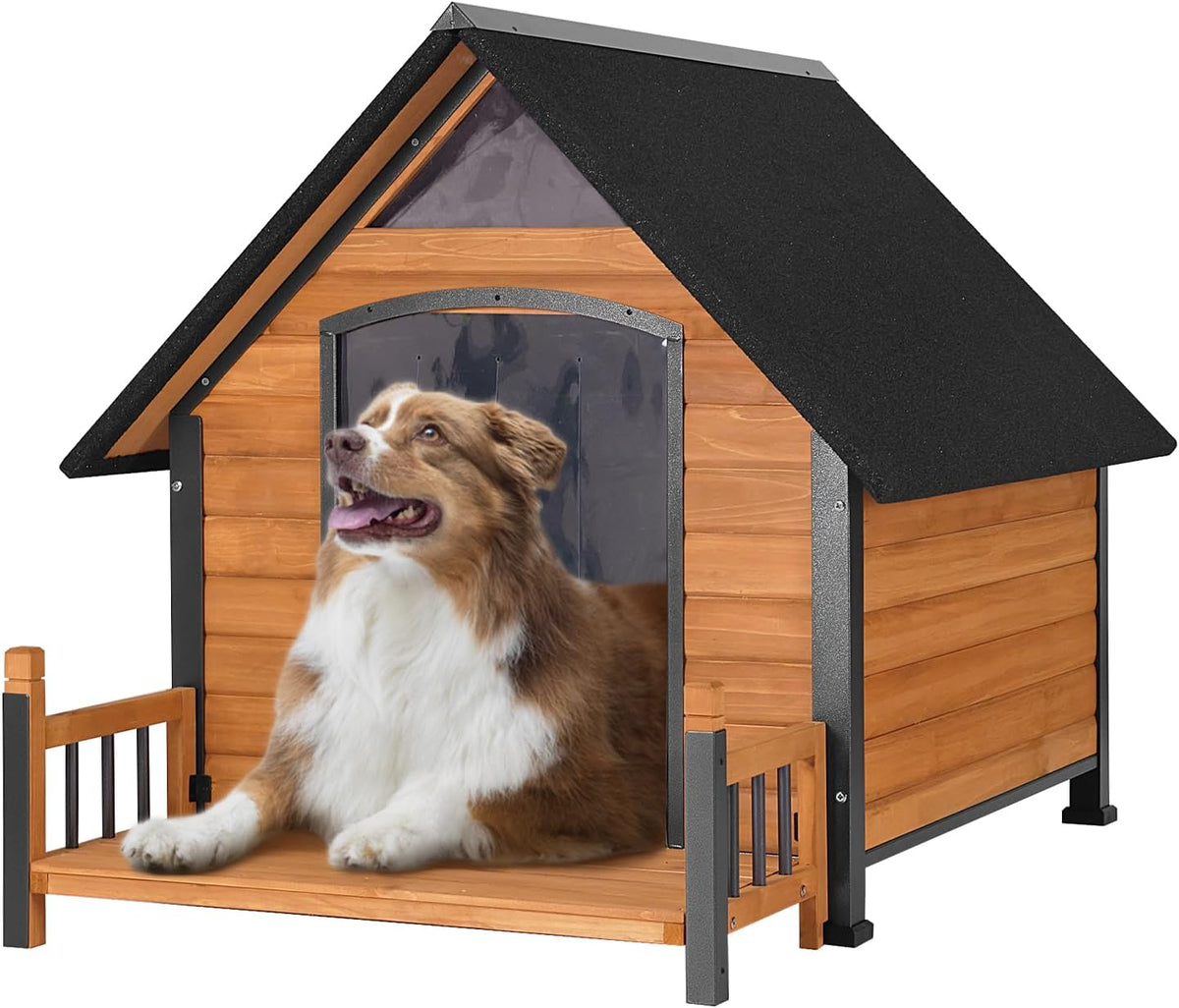 Outdoor Dog House with All-Around Insulated Liner Weatherproof Puppy Shelter Indoor Dog Kennel, Anti-Bite Dog Home for Large Breed with Porch (Brown, Large)