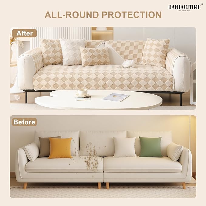 HANDONTIME Non-Slip Pet Couch Cover Washable, Plush Faux Fur Couch Protector for Cushion Pet-Friendly Sofa Covers for Dogs, Checkered Diamond Sectional Covers Dog Mat for Sofa (Khaki, 35.6" x 35.6")