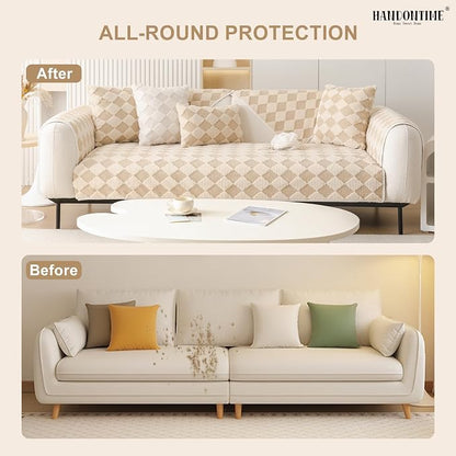 HANDONTIME Non-Slip Pet Couch Cover Washable, Plush Faux Fur Couch Protector for Cushion Pet-Friendly Sofa Covers for Dogs, Checkered Diamond Sectional Covers Dog Mat for Sofa (Khaki, 35.6" x 35.6")
