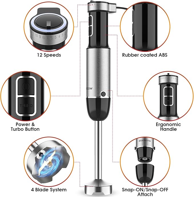 Blackcow Immersion Blender Handheld, 800W Powerful Electric Hand Blender