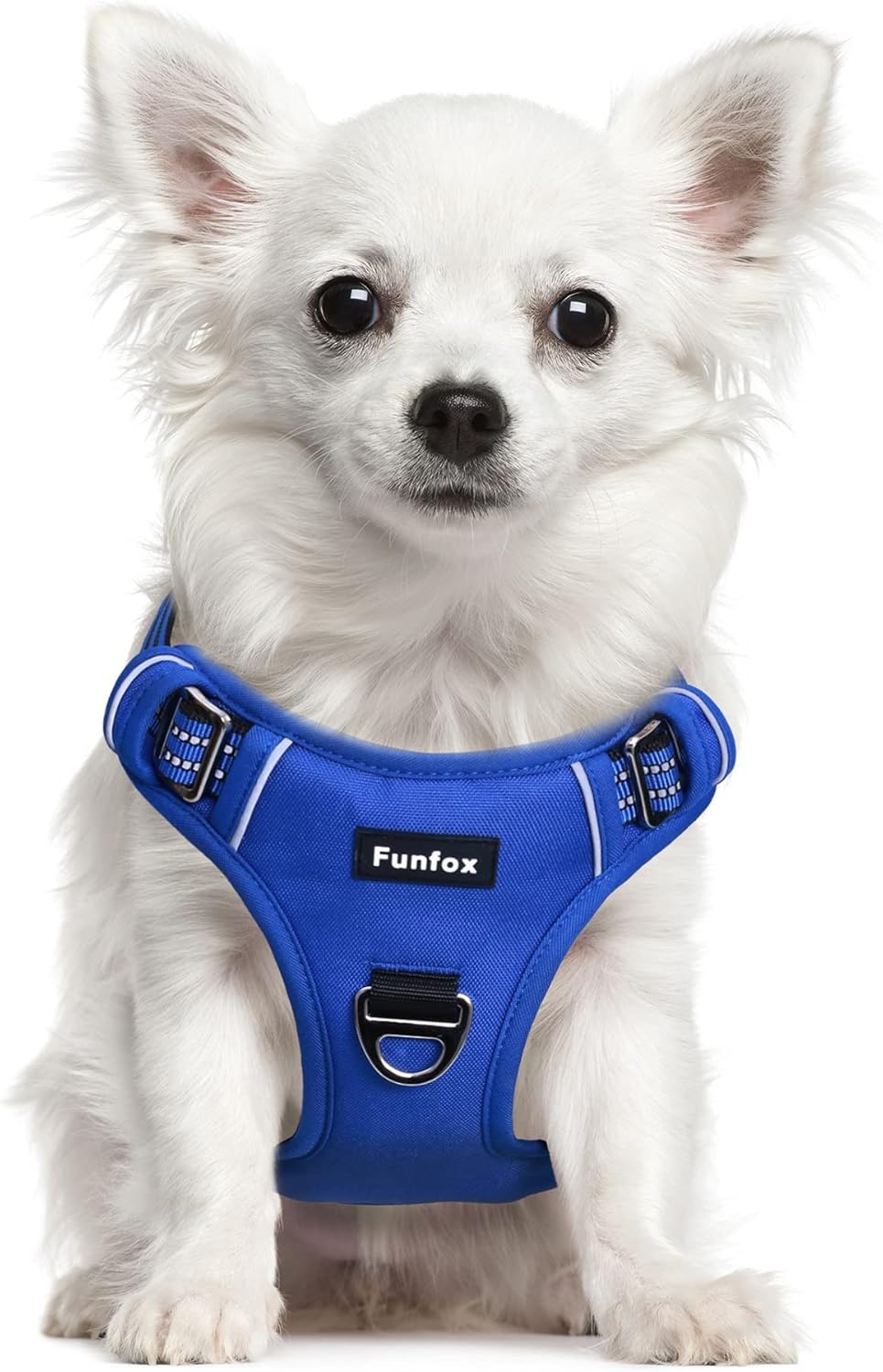 Funfox Dog Harness No Pull, Adjustable Pet Vest Harness, Super Soft Material with Vertical Handle Easy Control, Reflective Night Walking, 2 Leash Clips for Small Sized Dogs, Blue, S