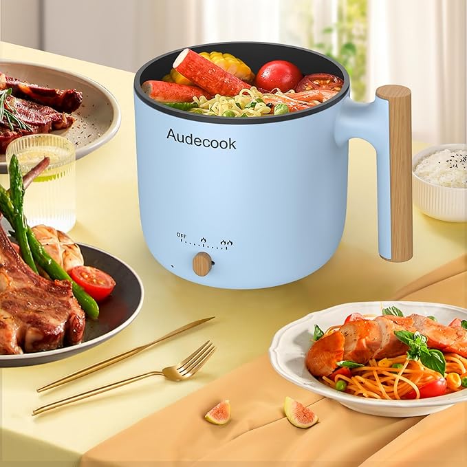 Audecook Hot Pot Electric with Steamer, 1.8L Portable Mini Travel Cooker