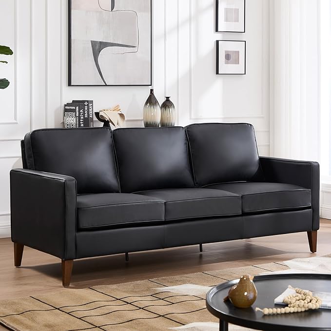 EBELLO 77” Mid Century Modern Sofa Couch, 3 Seater Faux Leather Couches for Living Room, Soft Padded Comfy Cushion, Small Sofa for Small Spaces, Apartment, Bedroom, Black