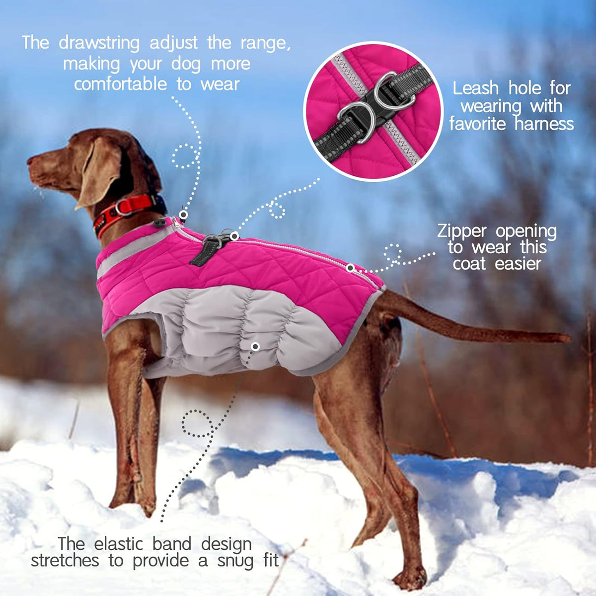 FUAMEY Dog Coat for Large Dogs,Waterproof Dog Winter Jacket with Harness Built in Puppy Cold Weather Coats Reflective Pet Vest with Zipper Warm Fleece Dogs Snowsuit Windproof Pink XXXL