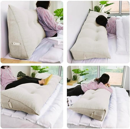 WOWMAX Triangular Headboard Pillow Bed Wedge Pillow for Headboard Full Size Wedge Pillows for Daybed Large Bolster Pillow for Bed with Removable Cover, 80% Cotton & 20% Linen Blend, Pure White