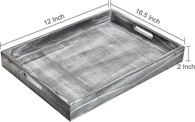 Rustic Distressed Wood Food Breakfast Serving Tray Octagon Serving Tray in Bed with Cutout Carrying Handles Coffee Office Desktop Document Holder Home Kitchen (Grey)