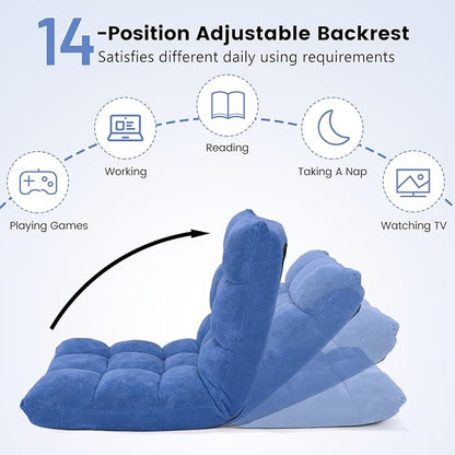 MAT EXPERT 14-Position Floor Chair, Floor Gaming Chair w/Soft Coral Fleece, Alloy Steel Frame, Padded Lazy Couch Recliner, Floor Chair with Back Support for Reading, Meditating (Blue)