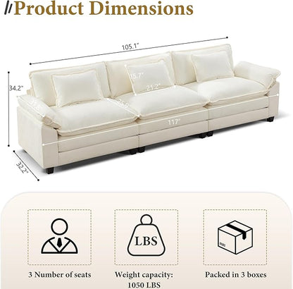 URRED Modular Sectional Sofa Comfy Cloud Couch, Modern Chenille Sofa Sleeper Deep Seat Couches with Ottoman/Pillows for Living Room (White, 117'')