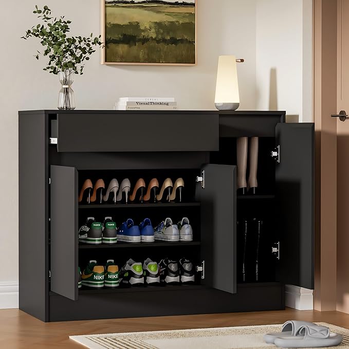 Shoe Cabinet Storage with 3 Doors, Freestanding Shoe Cabinet with Drawer &
