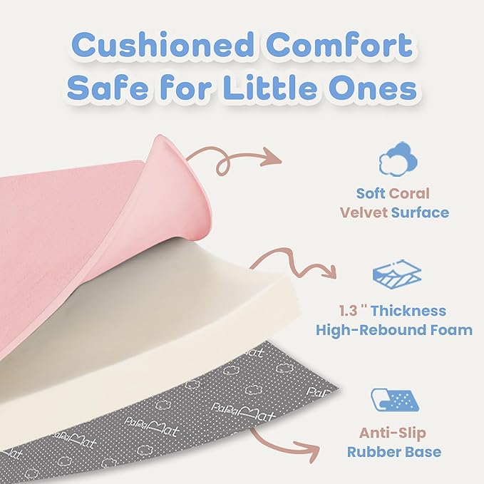 PAPAMAT 1.3" Thick Baby Floor Play Mat 59x79, Basic Padded Foam Mat for Tummy Time Crawling, Non Slip Cushioned for Babies Toddlers Infants Kids (Pink)