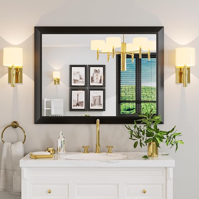 Amorho Black Bathroom Mirror, 40x30 Inch Thick Metal Framed Wall Mirrors