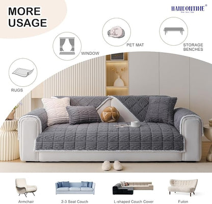 HANDONTIME Fuzzy Dog Couch Cover Washable, Pet-Friendly Sofa Covers Non-Slip Geometric Jacquard Pet Protector Furniture Cover for 3 Cushion Sofa Cozy Fuzzy Dog Mat for Couch (Grey, 35.4" x 94.5")