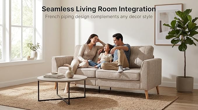 Artechworks Handmade Sofa Couch, 3-Seater 76" Wide W/Fresh Sand Gray Style Linen, Modern Mid-Century Fusion Stylish Couch French Piping Design Sofa for Living Room Apartment Lounge, Reception,Sand