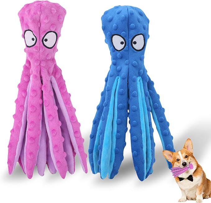 Dog Squeaky Toys Octopus, No Stuffing Plush Toys, Squeaky Octopus Dog Toy - Durable Plush for Puppies, Interactive Dogs Toys for Aggressive Chewers (Purple+Blue)