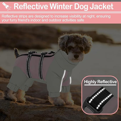 KOESON Four Legged Warm Dog Jacket with Adjustable Buckles, Turtleneck Windproof Fleece Reflective Fullbody Puffer Coat - Pink Grey M