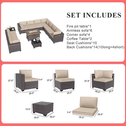 Gotland 13 Pieces Patio Furniture Set with Fire Pit Table, All Weather PE Rattan Outdoor Furniture with 29.5'' High Backrest 4’’ Thick Cushions Coffee Table, Patio Conversation Set for Deck, Khaki