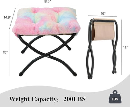 Mordchil HF 15"(H) Folding Ottoman, Foldable Footrest Stool, Portable Small Foot Stool for Couch, Collapsible Foot Rest Ottoman for Sofa, Accent Padded Ottomans for Living Room, Bedroom, Rainbow