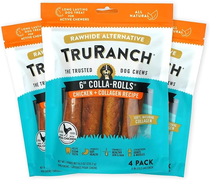 TRURANCH Collagen Rolls - 6" Collagen Rolls for Dogs - Long Lasting Healthy Joint Support - Rawhide Alternative - Skin & Coat Health - Made with Real Chicken, Value Pack, 3 Bags, 12 Count