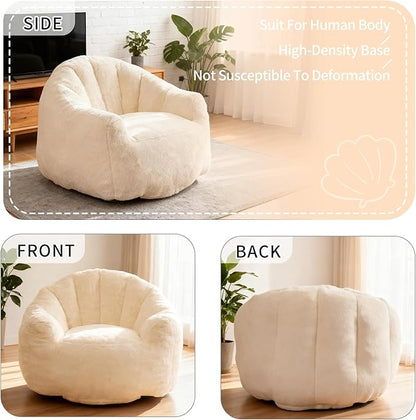 Bean Bag Chair, Giant Beanbag Chiars for Adults and Teens, Faux Fur Shell-Shaped Floor Sofa with Filler, Comfy Chair for Reading, Gaming and Relax (Beige)